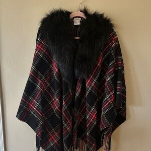 J. Crew Black and Red Plaid Cape with Faux Fur Collar